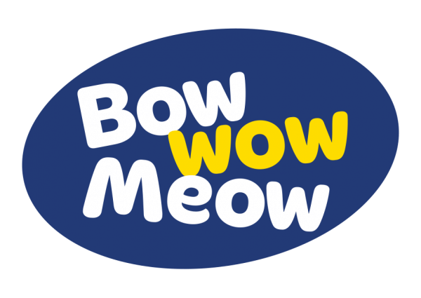 white and yellow text on a navy blue oval background logo for bow wow meow