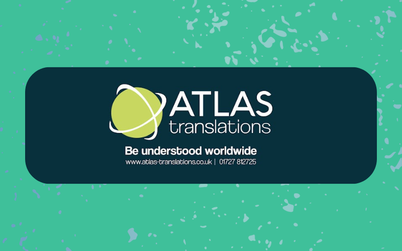 atlas company logo on dark blue background atlas translations be understood worldwide telephone 01727 812725 written in white text